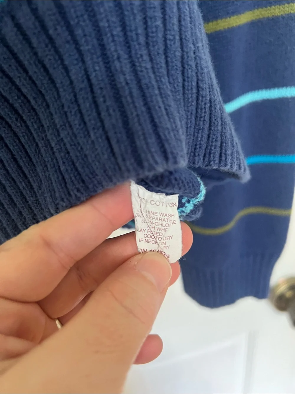 Vintage Holister Men’s Navy V-Neck Striped Sweater